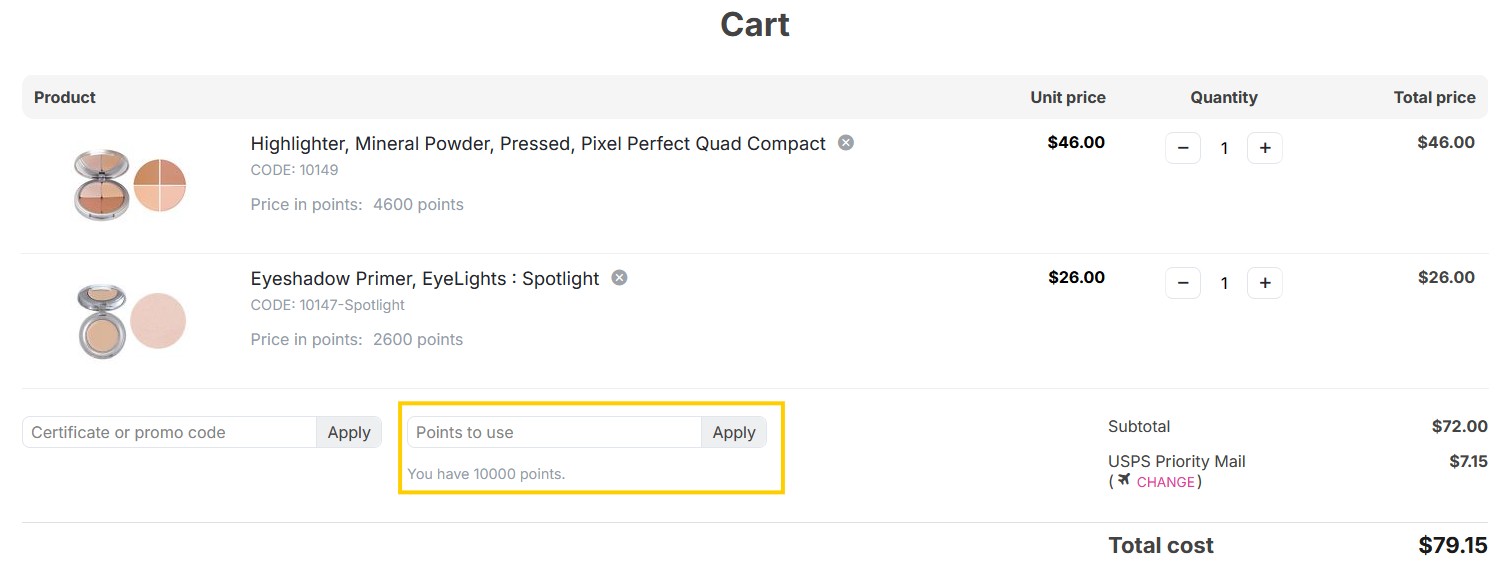 Shopping cart showing mineral cosmetics with reward points earned per item and points balance available to apply at checkout