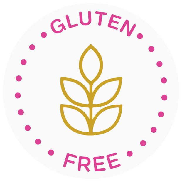 Gluten Free seal featuring a stylized gold leaf icon with gold dotted border and text reading "GLUTEN FREE"