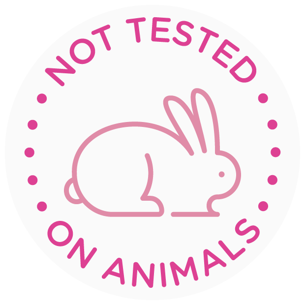Not Tested On Animals seal featuring a pink rabbit icon with gold dotted border and text reading "NOT TESTED ON ANIMALS"