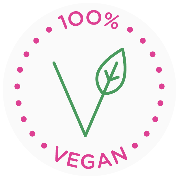 Paraben Free seal featuring a blue leaf icon with gold dotted border and text reading "PARABEN FREE"  One Hundred Percent Vegan seal featuring a green leaf and stem icon with gold dotted border and text reading "100% VEGAN"